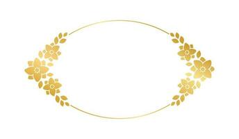 Gold geometric floral frame template. Luxury golden frame border for invite, wedding, certificate. Vector art with flowers and leaves.