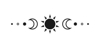 Celestial text divider with sun, stars, moon phases, crescents. Ornate boho mystic separator decorative element vector