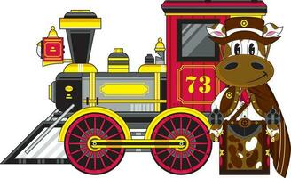 linda dibujos animados salvaje Oeste vaca vaquero con occidental estilo vapor tren vector
