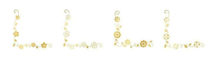 Set of gold floral corner borders. Golden spring flower page decoration vector illustration.