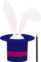 Vector illustration of magic hat with white rabbit and magic wand in cartoon style