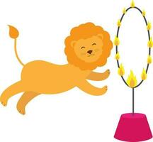 Vector illustration of circus lion character jumping into fire ring in cartoon style