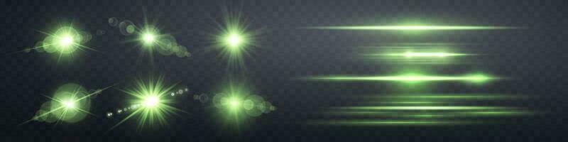 Green lens flares set. Sun flash with rays or spotlight and bokeh. Glow flare light effect. Vector illustration.