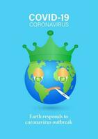 triste mundo, detener COVID-19, coronavirus, planeta tierra obtener enfermo y llorar desde virus viniendo alrededor el mundo. tierra llorando mascota dibujos animados ilustración. vector