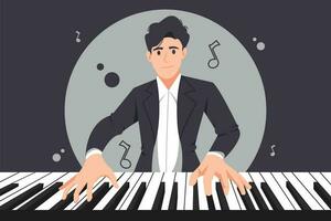 Man playing grand piano. Keyboardist character play music. Male musician with keyboard musical instrument. Live music concert vector