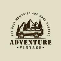 off road car logo vintage vector illustration template icon graphic design. vehicle for adventure outdoor with mountain and pine tree sign or symbol with retro typography style concept