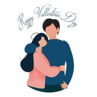 Love tenderness and romantic feelings concept. Young loving smiling couple boy and girl standing hugging embracing each other feeling in love vector illustration