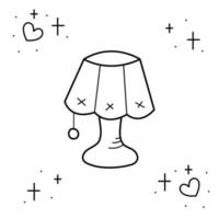 Table lamp with lampshade surrounded by stars and hearts. Doodle black and white vector illustration.