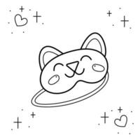 Night sleep mask in the form of a cute cat. Doodle black and white vector illustration.