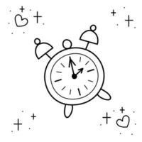 Alarm clock surrounded by stars and hearts. Doodle black and white vector illustration.