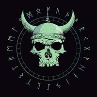 T-shirt vector design of a viking skull with horns over an inverted star and runic characters isolated on black. Poster