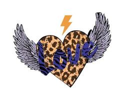 Love. Design for winged heart t-shirt with animal print texture and the symbol of thunder. vector