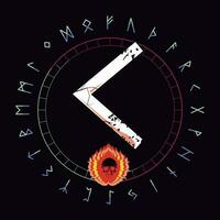 Design for a t-shirt of the runic letter called Kenaz next to a burning skull. Runic alphabet for posters. vector