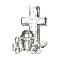 Old marble stone christ cross with candles, lilies and an urn with ashes. Vector hand drawn isolated illustration on white background.
