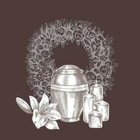 Hand drawn lilies, wreath, candles and an urn with ashes. Vector hand drawn isolated illustration on brown  background.
