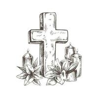 Old marble stone christ cross with with candles and lilies. Vector hand drawn isolated illustration on white background.