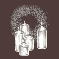 Hand drawn  wreath and candles. Vector hand drawn isolated illustration on brown  background. Sketch for Christmas.