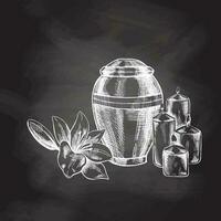 Hand drawn lilies, candles and an urn with ashes. Vector hand drawn isolated illustration on chalkboard  background.