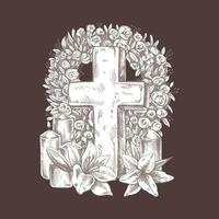 Old marble stone christ cross with a wreath,  candles and lilies. Vector hand drawn isolated illustration on brown  background.