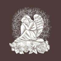mano dibujado triste Roca ángel sentado con su cabeza en su rodillas mármol lápida sepulcral con velas y lirios vector dibujo aislado en marrón fondo, ilustración para funeral negocio.