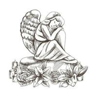 mano dibujado triste Roca ángel sentado con su cabeza en su rodillas mármol lápida sepulcral con velas y lirios vector dibujo aislado ilustración para funeral negocio.