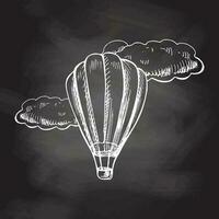 Hand drawn sketch of hot air balloon with clouds. Vintage vector illustration isolated on chalkboard  background. Doodle drawing.