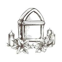 Old hand drawn murble stone tombstone with candles and lilies.. Rest in peace vector drawing illustration for funeral service, card or last farewell card. Sketch of grave or cemetery, resting place