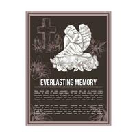 A hand-drawn vector funeral service banner.  Sketch illustration for condolence card and advertising of columbarium and cemetry with urn for ashes, vintage tombstone angel, wreath, cross