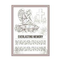 A hand-drawn vector funeral service banner.  Sketch illustration for condolence card and advertising of columbarium and cemetry with urn for ashes, vintage tombstone angel, wreath, cross