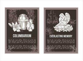 A hand-drawn set of vector funeral service banners.  Sketch illustration for condolence card and advertising of columbarium and cemetry with urn for ashes, vintage tombstone angel, wreath, cross