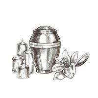 Hand drawn lilies, candles and an urn with ashes. Vector hand drawn isolated illustration on white background.