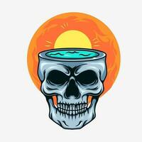 Illustration of tropical beach human skull mascot character with sunset vector