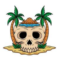 Illustration of summer vibe human skull mascot character with palm tree on the beach vector
