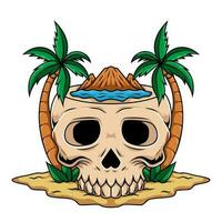 Illustration of summer vibe human skull mascot character with palm tree on the beach vector