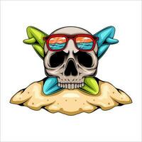 Illustration of summer vibe human skull mascot character with palm tree on the beach vector