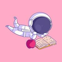 el astronauta es llevando el astronauta es leyendo un libro y allí es un manzana junto a él un naranja lápiz vector