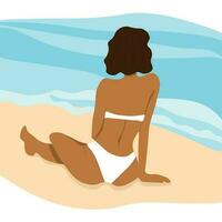 vector ilustración de un niña sentado con su espalda en el playa cerca el mar