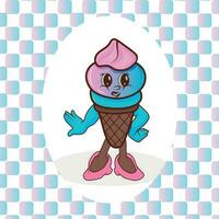 Pink blue ice cream in a waffle cone on a multi-colored background in the style of Groovy. A vector flat outline icon. Comic character in cartoon-style illustration