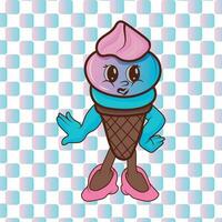 Pink blue ice cream in a waffle cone on a multi-colored background in the style of Groovy. A vector flat outline icon. Comic character in cartoon-style illustration