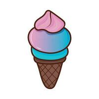 pink blue ice cream in a waffle cone isolated on a white background. A vector flat outline icon. Comic character in cartoon-style illustration