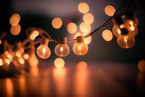 Hanging light bulbs in the shop or event with bokeh background. photo