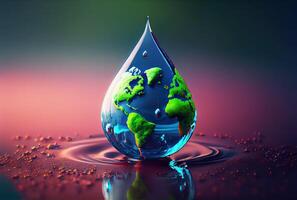 Earth in water drop shape dropping on the ground background. Environment and World savings concept. Digital art illustration. photo