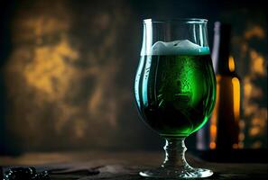 Green Saint Patrick Day craft lager beer in beer mug glass. St. Patrick day festival concept. photo
