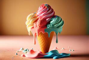 Melting ice cream cone with sweet toppings on minimal studio background. Summer food and fun concept. Digital art illustration theme. photo