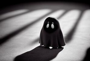 Cute ghost in the haunted house background. Halloween and spooky concept. photo