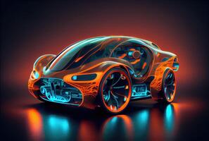 Future sport car on the modern cyberpunk background in the studio. Technology and transportation concept. photo