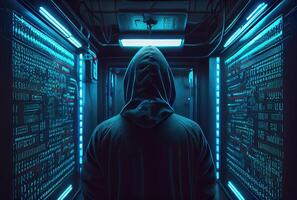 Hacker in the black hood in the server room. Unrecognizable people. Technology and Cybersecurity and Criminal concept. photo