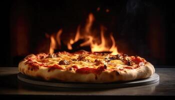 Pepperoni pizza in the charcoal oven on black background with studio lighting. Food and delivery concept. photo