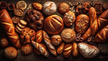 Various of breads on the wooden table background. Food and bakery concept. Full of breads theme. photo