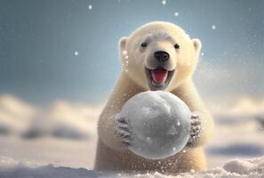 White polar bear cub playing snowball in the north pole. Animal and Seasonal concept. photo